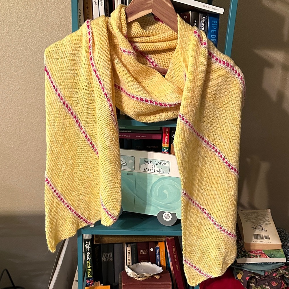 Lemon Yellow Hand Knit Scarf with Pink Accents